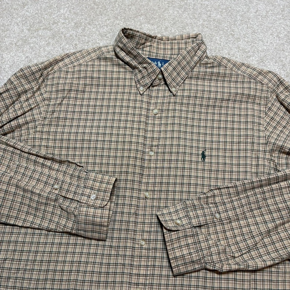 Vtg Ralph Lauren Shirt Mens 2XL Beige Plaid Button Down LS Classic Fit Pony Logo